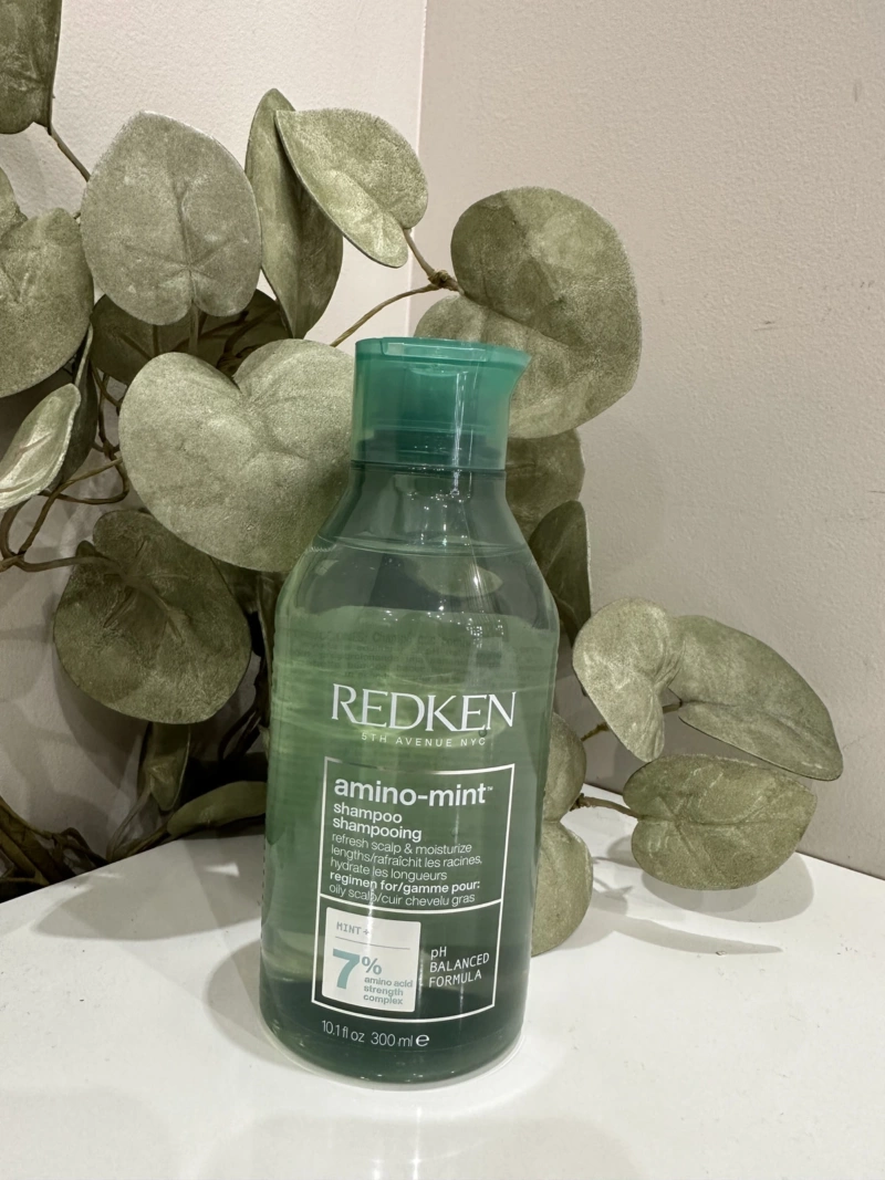 Le shampoing amino mint racines grasses pointes sèches de Redken, prend soin des cheveux sensibilisés et des cuirs chevelus gras.