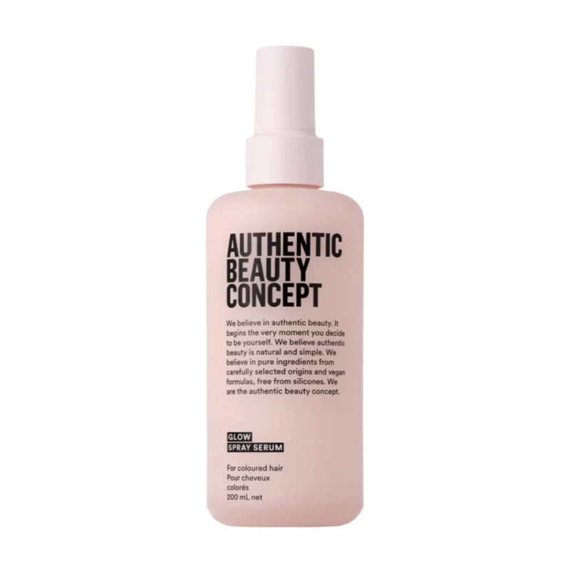 Flacon du Spray Sérum brillance Authentic Beauty Concept pour cheveux colorés. Produit capillaire offrant éclat et protection thermique.